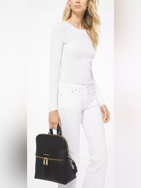Michael Kors Rhea Daypack Black Leather Backpack with Gold Zipper Hardware